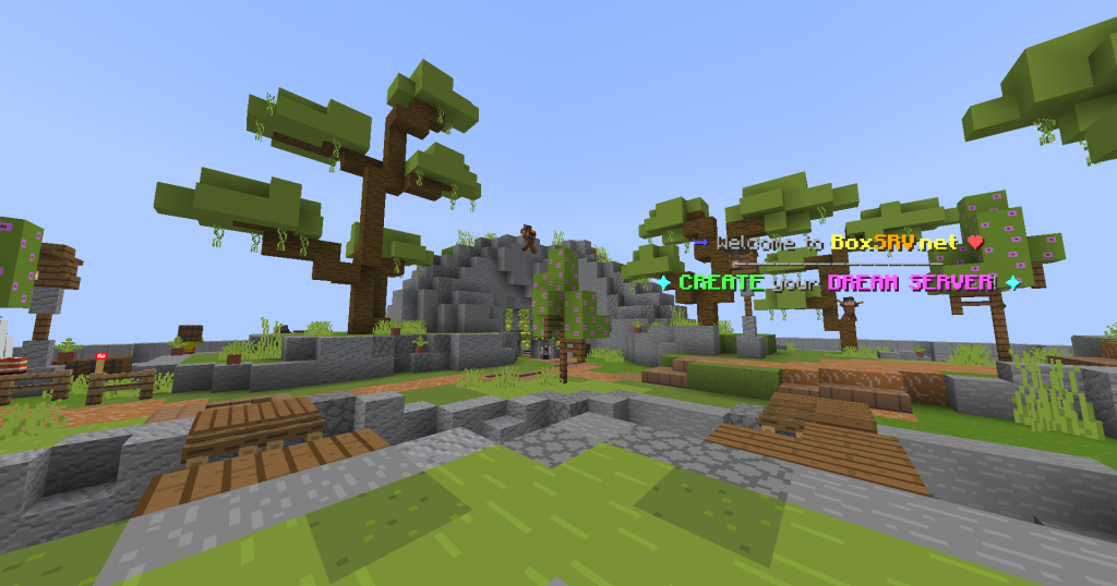 A Screenshot of our Minecraft Java + Bedrock Crossplay compatible Lobby showing our welcome hologram.
