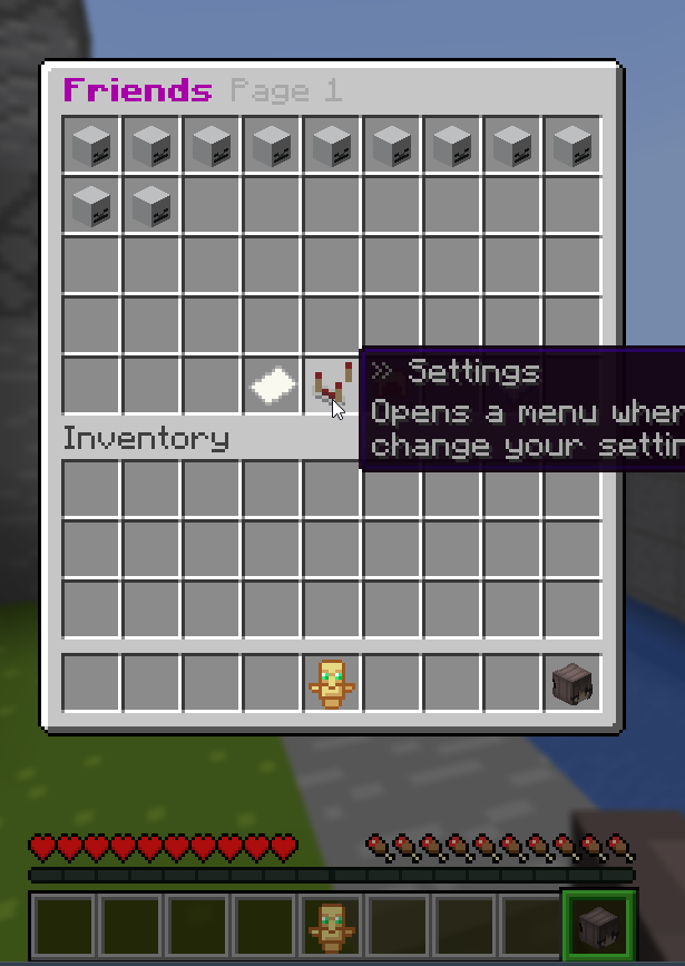 In the Lobby of BoxSRV.net with the "Your Profile" Item in the Hand and the Friends Page 1 open hovering over the Settings Button